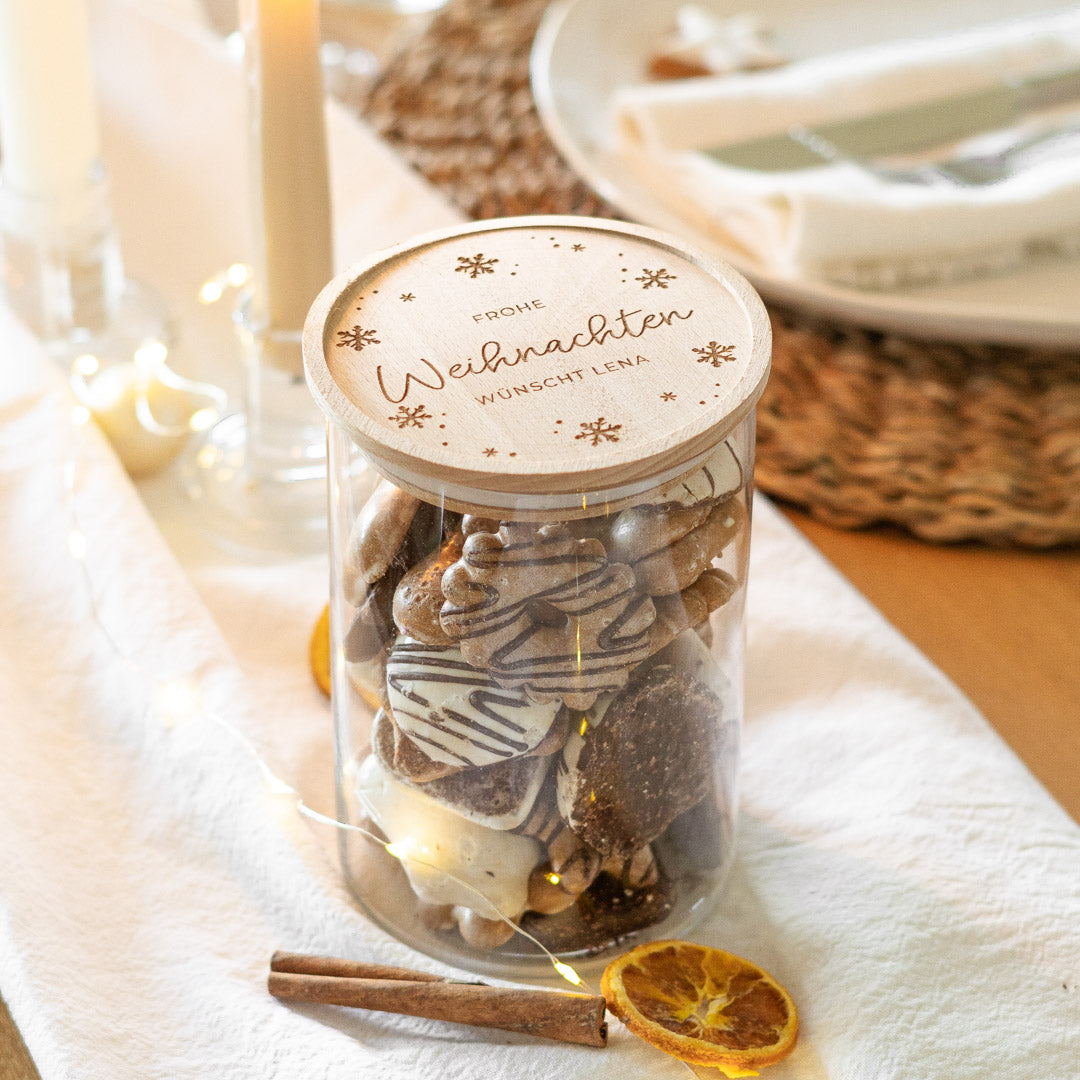 Keksdose personalisiert aus Glas mit Holzdeckel "Schneeflocken"