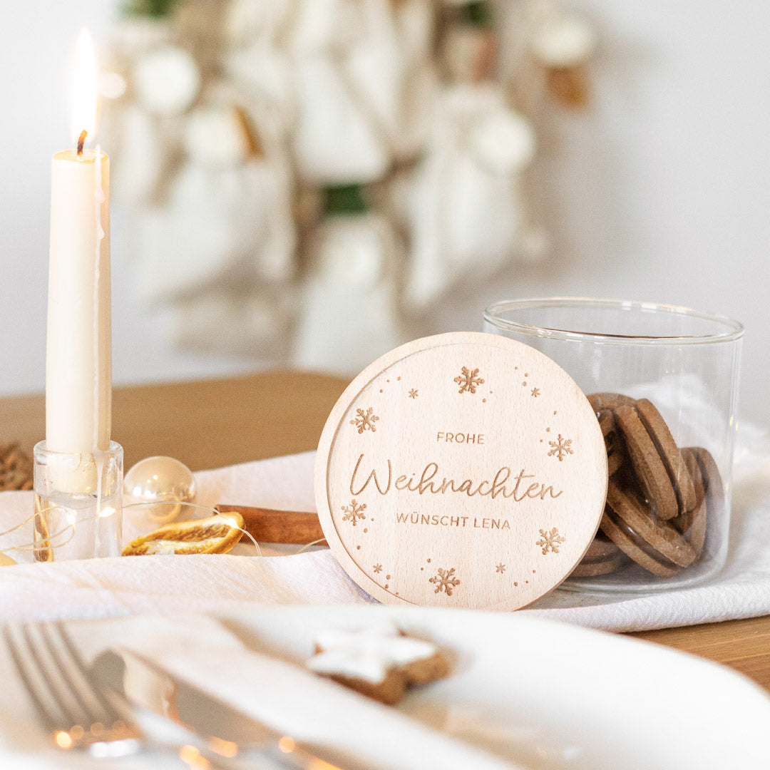 Keksdose personalisiert aus Glas mit Holzdeckel "Schneeflocken"