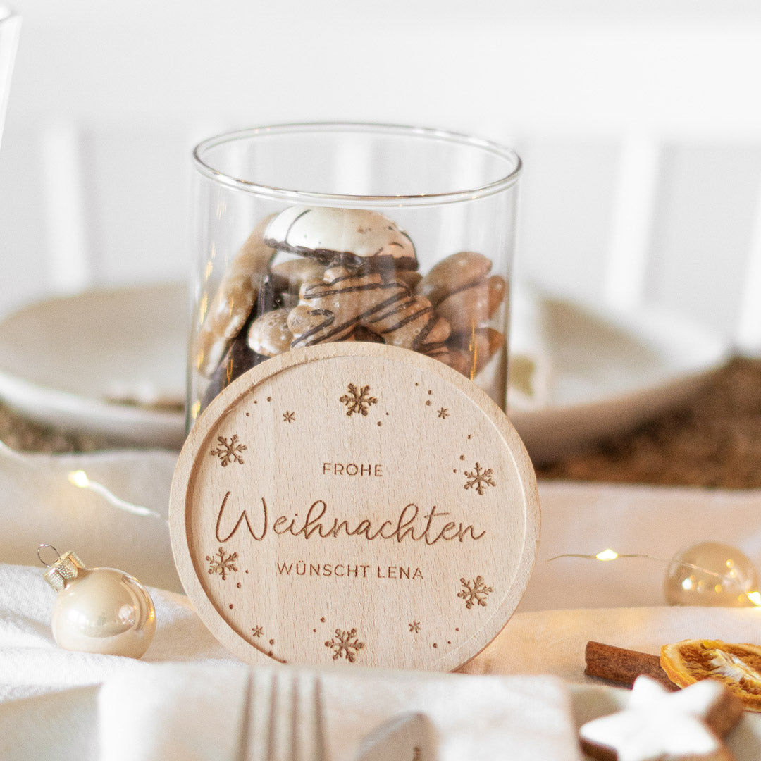 Keksdose personalisiert aus Glas mit Holzdeckel "Schneeflocken"