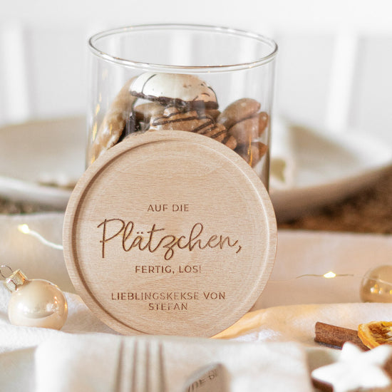 Keksdose personalisiert aus Glas mit Holzdeckel "Plätzchen"