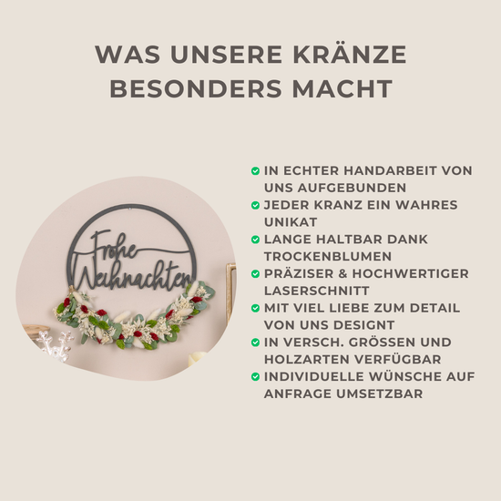 Türkranz Weihnachten aus Holz mit Trockenblumen "Frohe Weihnachten"