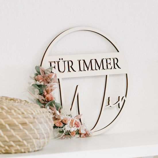 Türkranz Hochzeit aus Holz mit Trockenblumen "Für immer Wir"