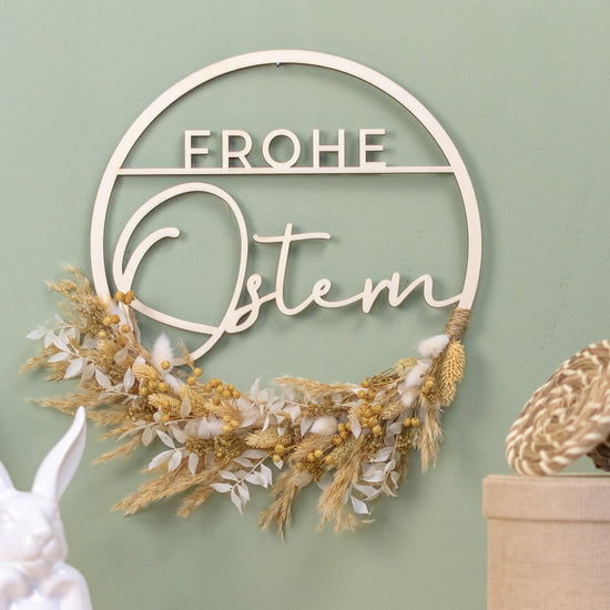 Türkranz Frühling aus Holz mit Trockenblumen "Frohe Ostern"