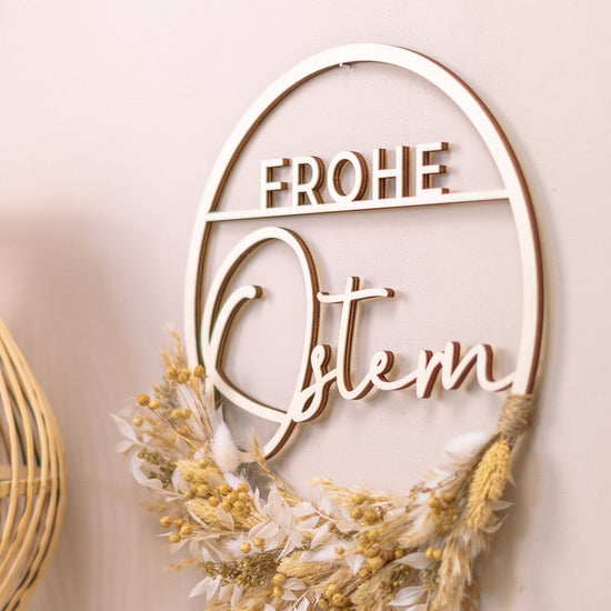 Türkranz Frühling aus Holz mit Trockenblumen "Frohe Ostern"