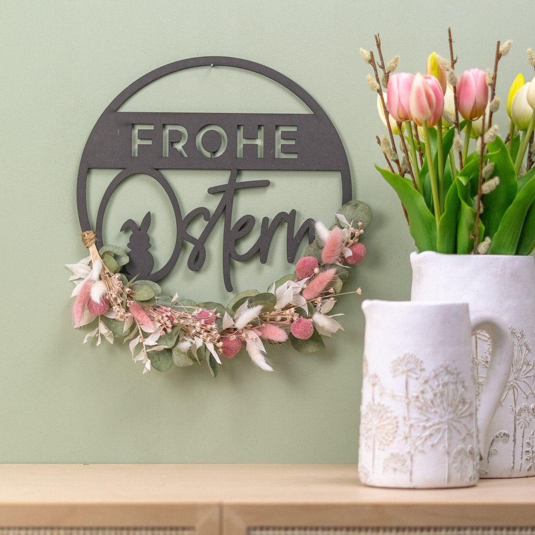 Türkranz Frühling aus Holz mit Trockenblumen "Frohe Ostern"