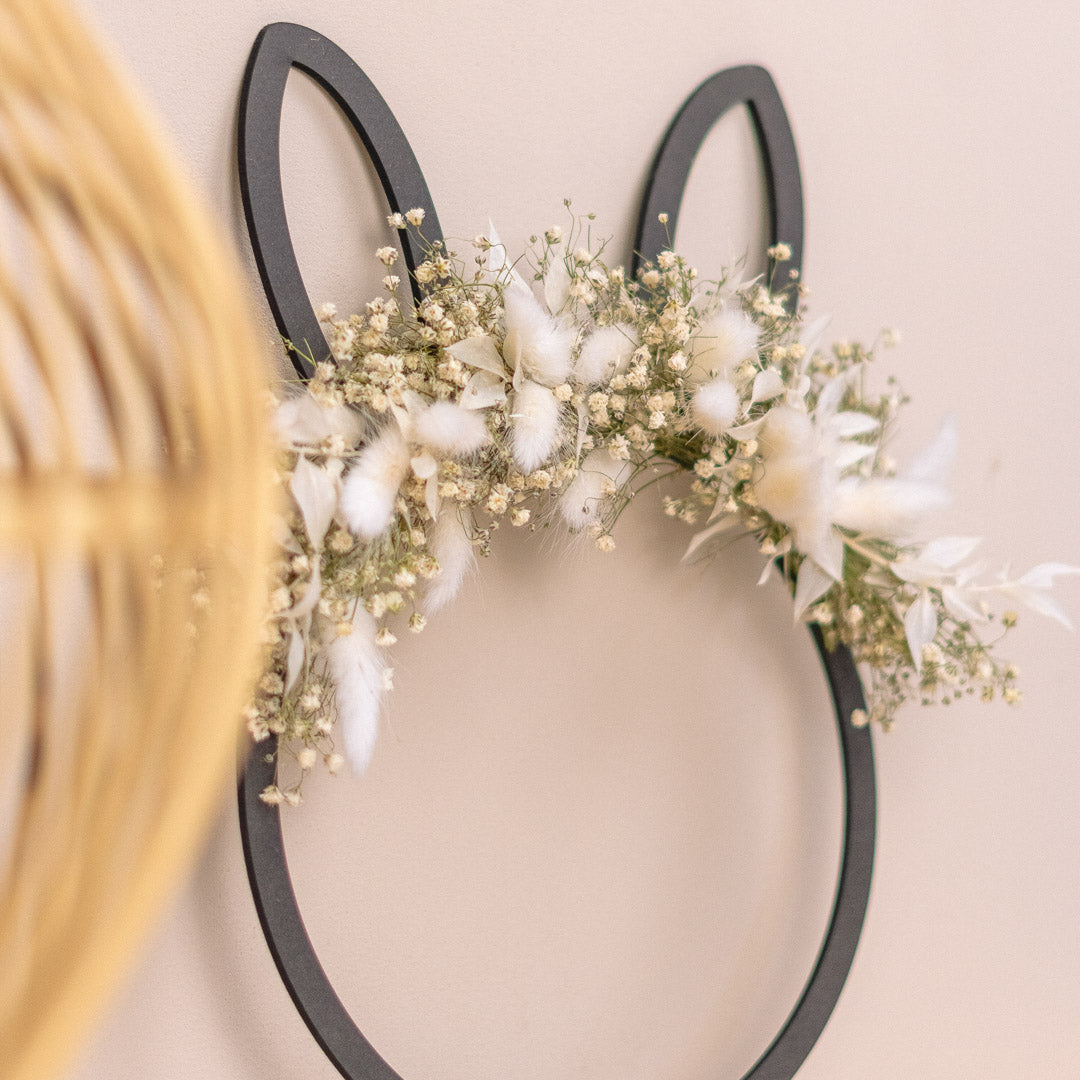 Türkranz Frühling aus Holz mit Trockenblumen "Hasenohr"