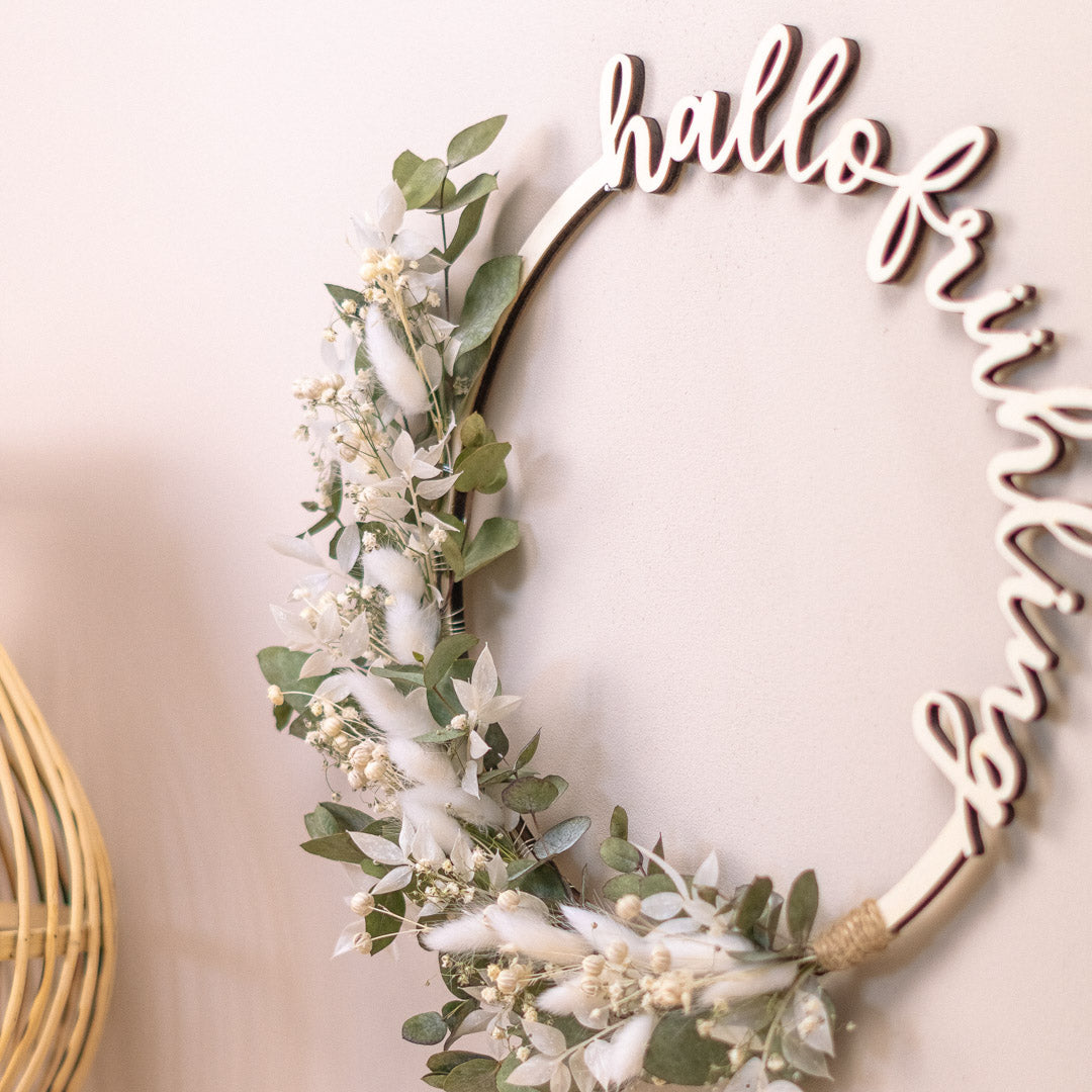 Türkranz Frühling aus Holz mit Trockenblumen "Hallo Frühling"