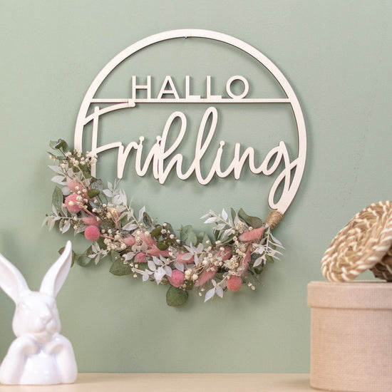 Türkranz Frühling aus Holz mit Trockenblumen "Hallo Frühling"