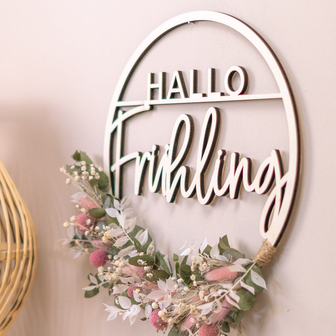 Türkranz Frühling aus Holz mit Trockenblumen "Hallo Frühling"