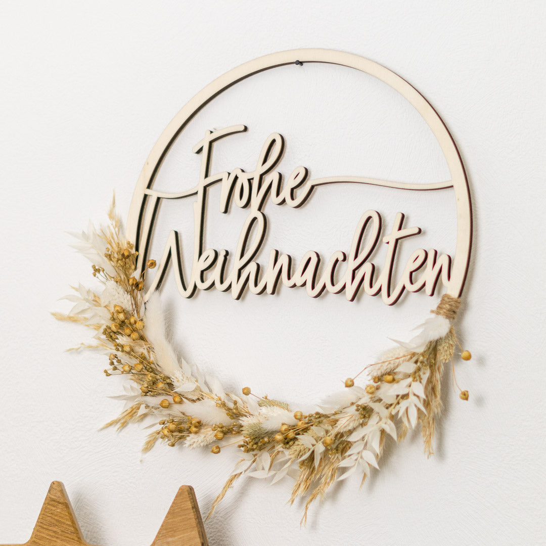 Türkranz Weihnachten aus Holz mit Trockenblumen "Frohe Weihnachten"