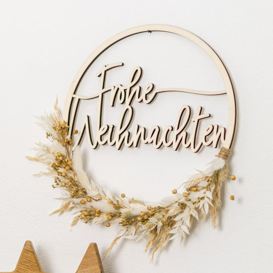 Türkranz Weihnachten aus Holz mit Trockenblumen "Frohe Weihnachten"