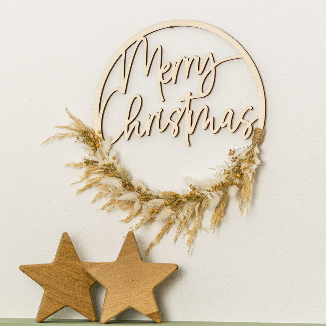 Türkranz Weihnachten aus Holz mit Trockenblumen "Merry Christmas"