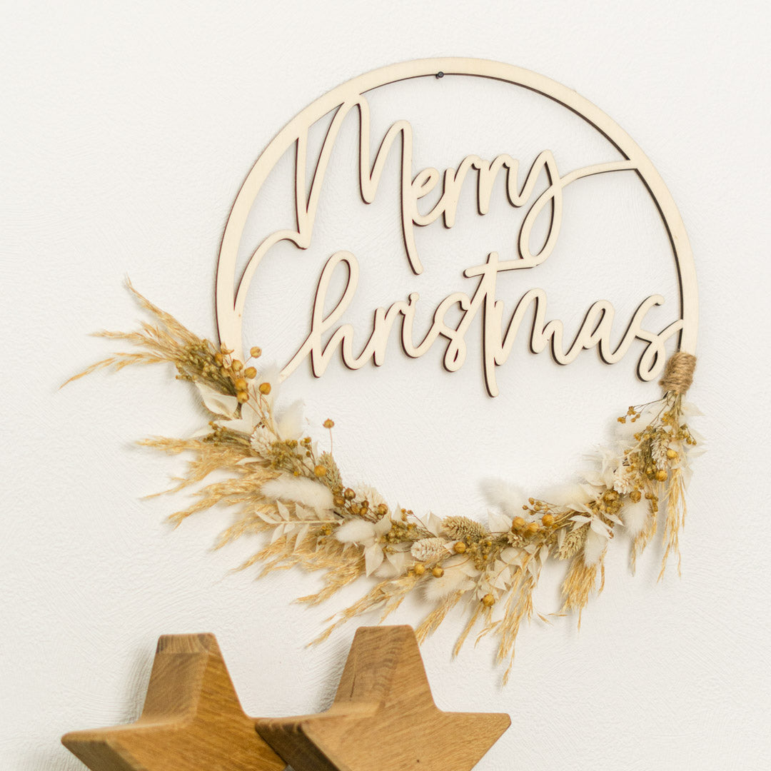 Türkranz Weihnachten aus Holz mit Trockenblumen "Merry Christmas"