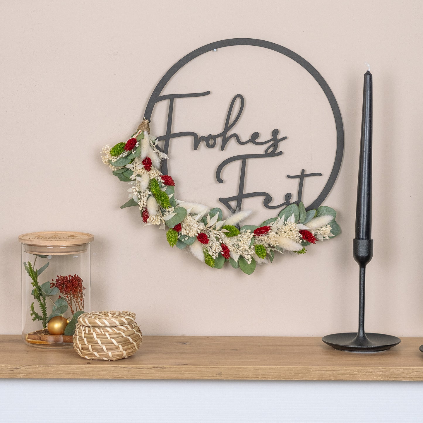 Türkranz Weihnachten aus Holz mit Trockenblumen "Frohes Fest"