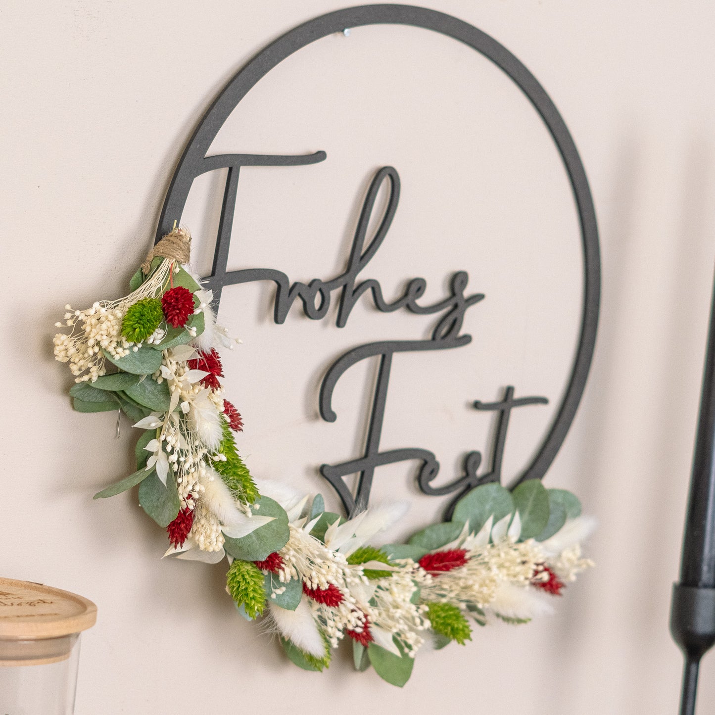 Türkranz Weihnachten aus Holz mit Trockenblumen "Frohes Fest"