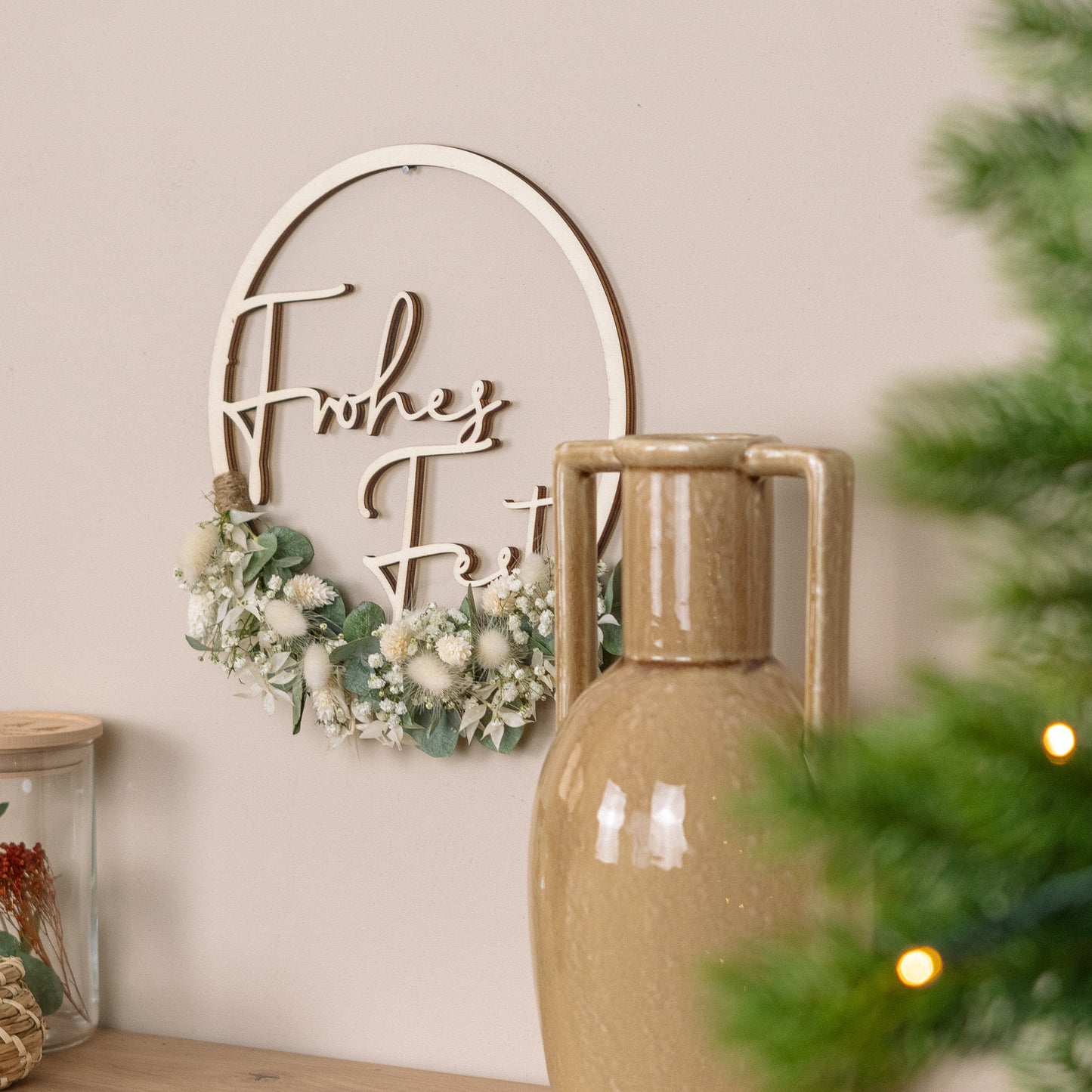 Türkranz Weihnachten aus Holz mit Trockenblumen "Frohes Fest"