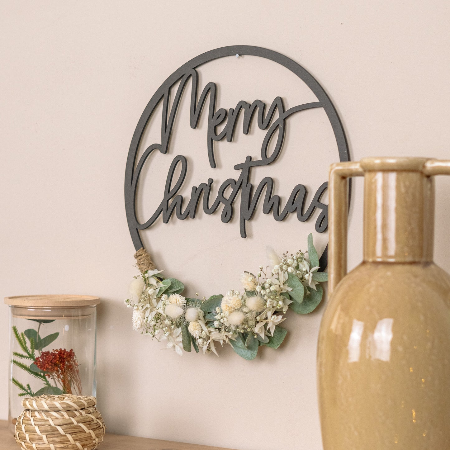 Türkranz Weihnachten aus Holz mit Trockenblumen "Merry Christmas"