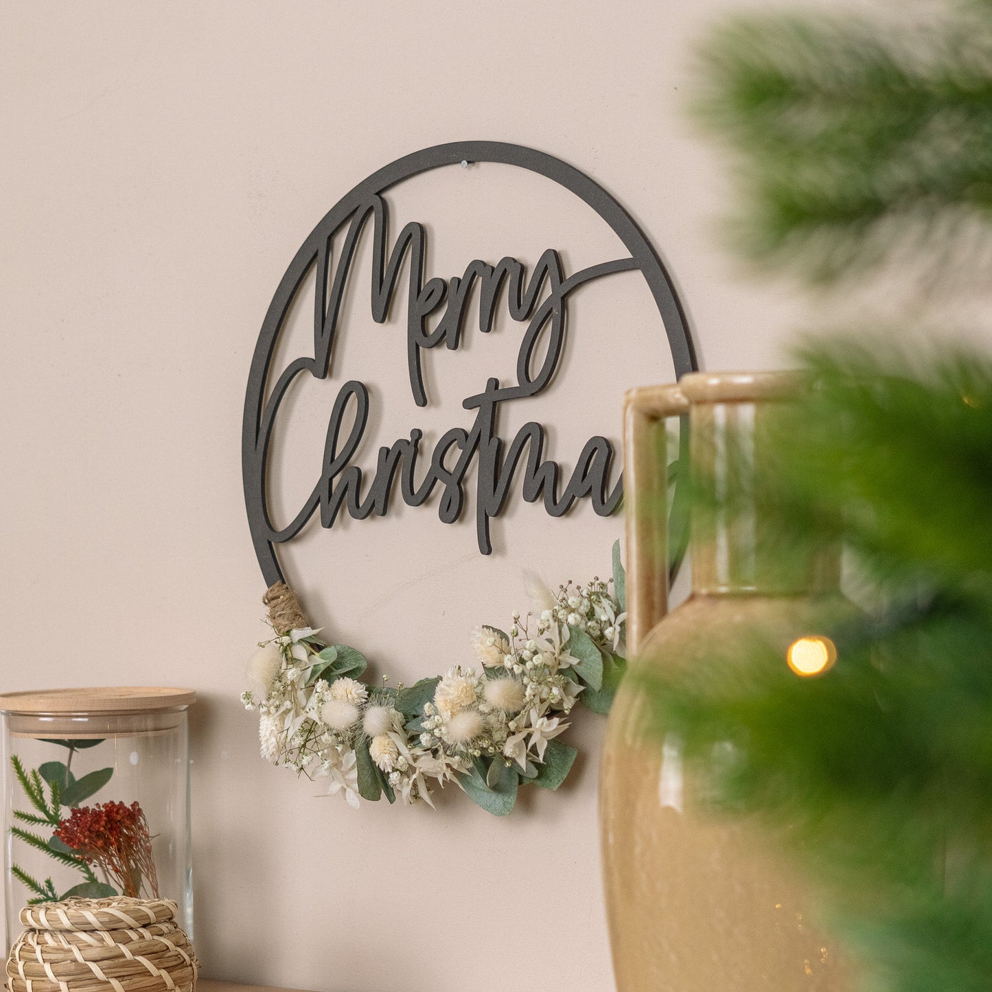 Türkranz Weihnachten aus Holz mit Trockenblumen "Merry Christmas"