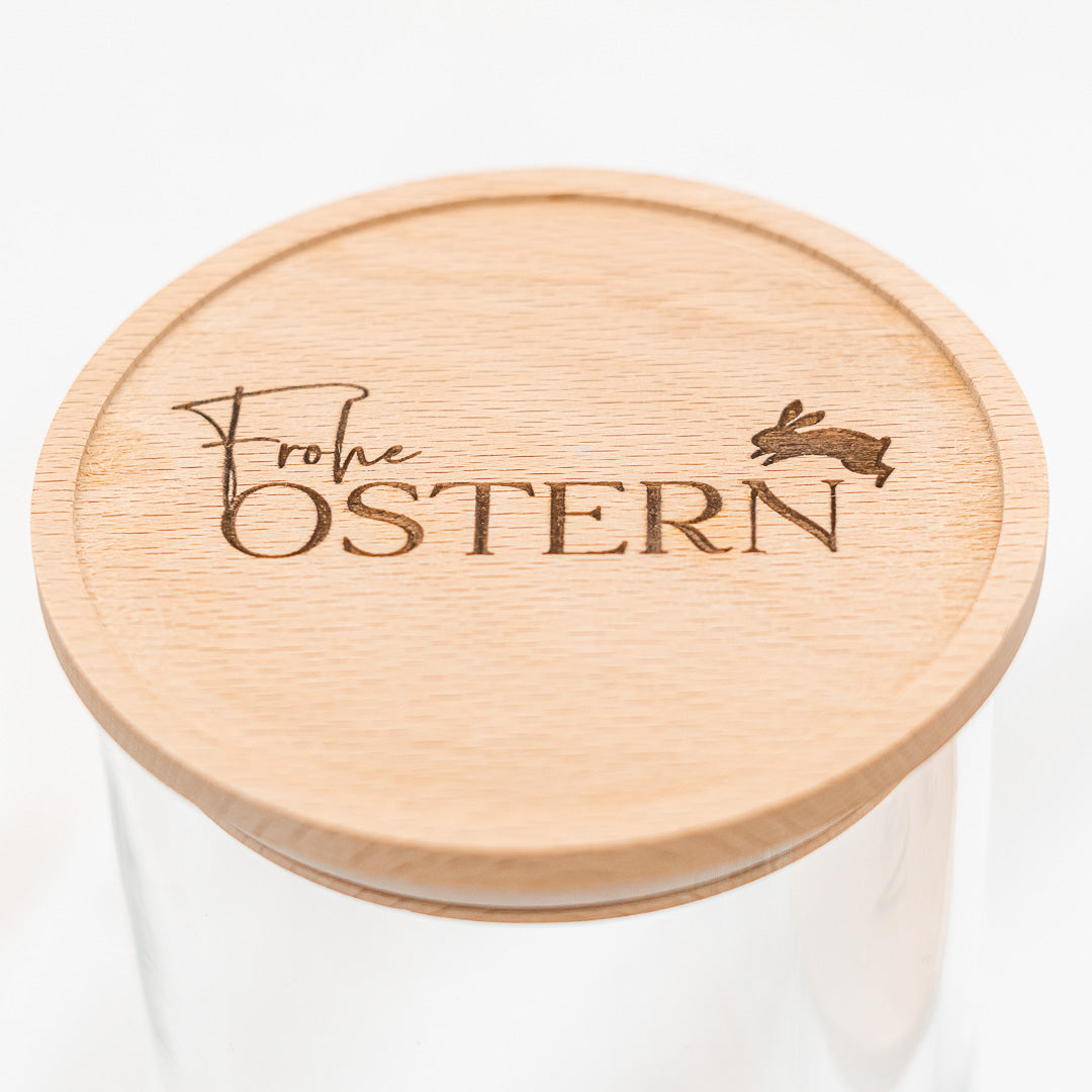 Keksdose zu Ostern aus Glas mit Holzdeckel "Frohe Ostern"