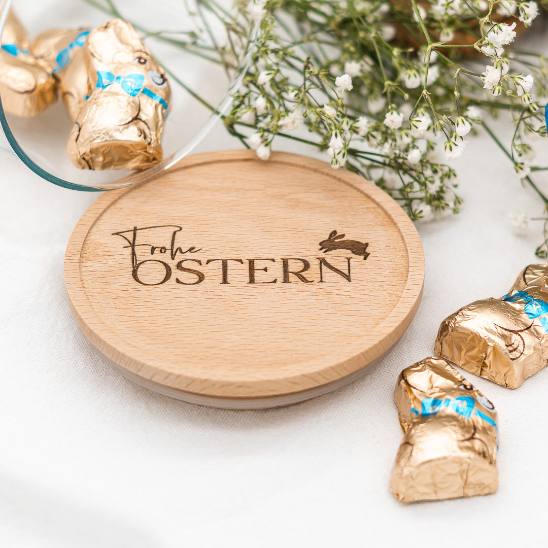 Keksdose zu Ostern aus Glas mit Holzdeckel "Frohe Ostern"