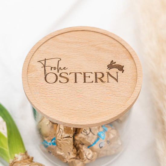 Keksdose zu Ostern aus Glas mit Holzdeckel "Frohe Ostern"