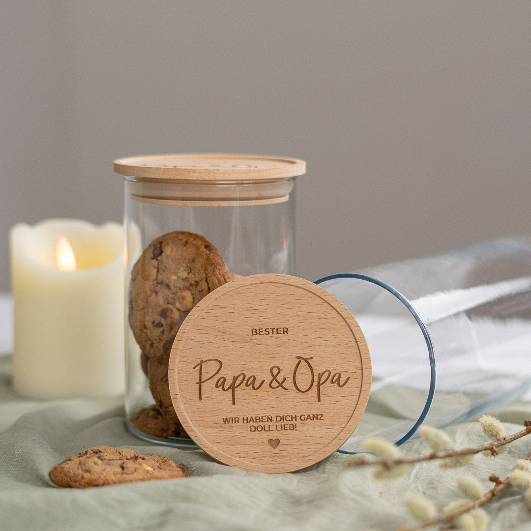 Keksdose personalisiert aus Glas mit Holzdeckel "Bester Papa & Opa"