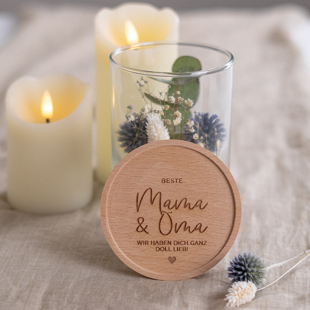 Keksdose personalisiert aus Glas mit Holzdeckel "Beste Mama & Oma"