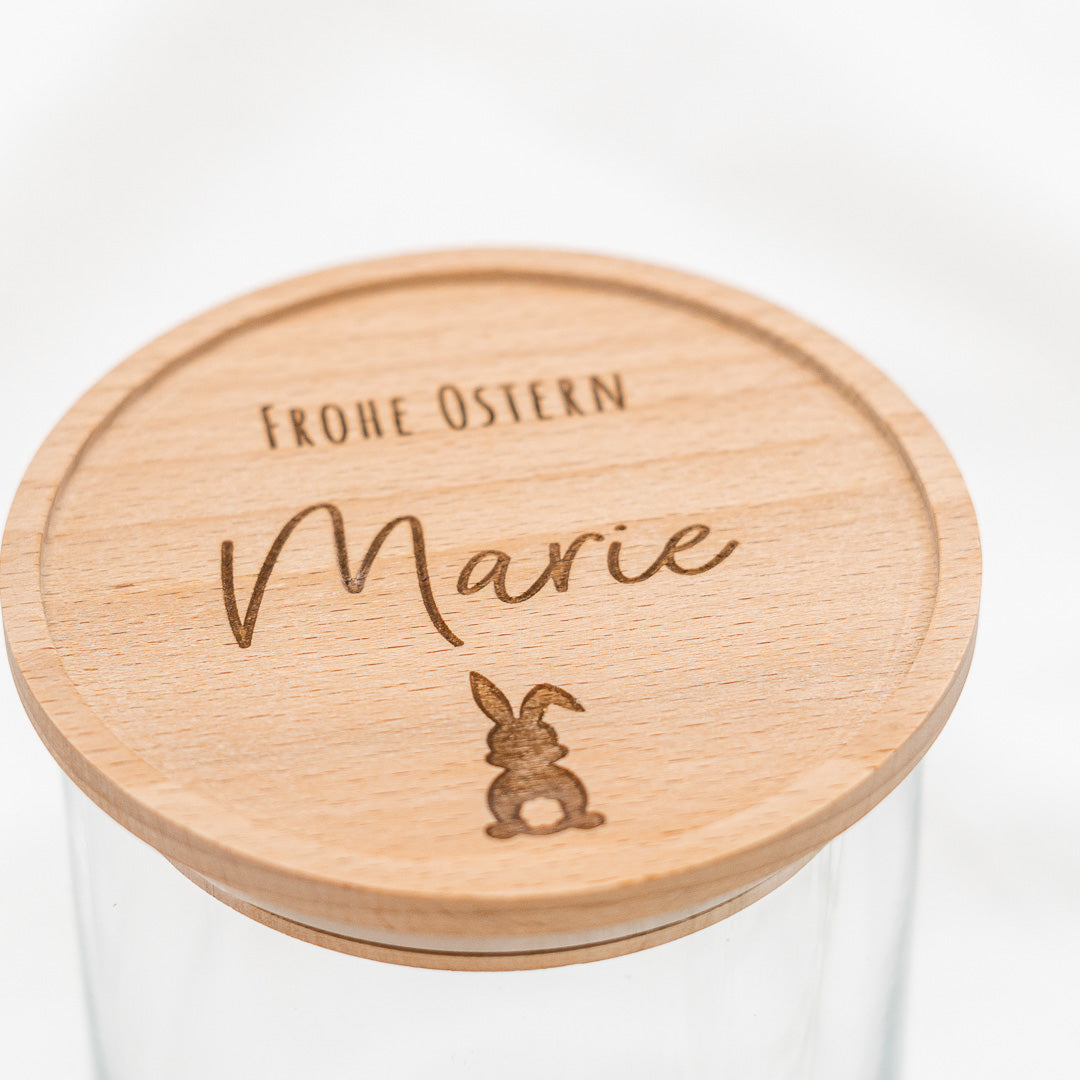 Keksdose personalisiert zu Ostern aus Glas mit Holzdeckel "Frohe Ostern"