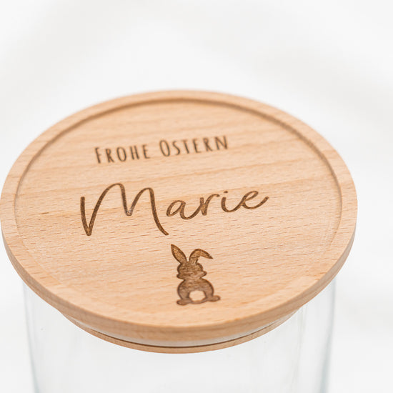 Keksdose personalisiert zu Ostern aus Glas mit Holzdeckel "Frohe Ostern"