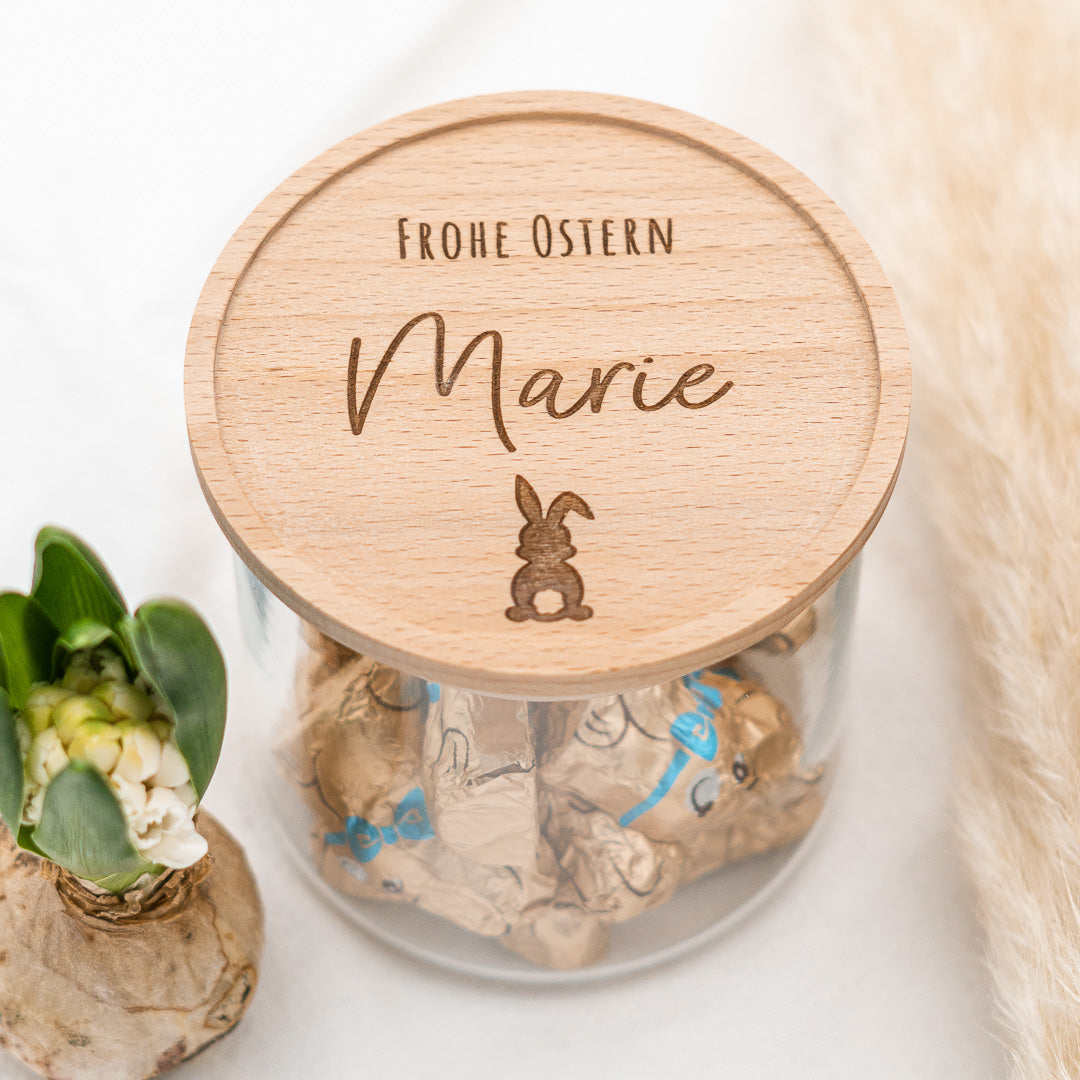 Keksdose personalisiert zu Ostern aus Glas mit Holzdeckel "Frohe Ostern"