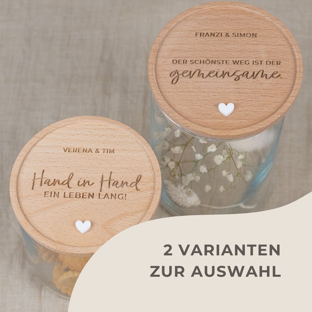 Keksdose personalisiert aus Glas mit Holzdeckel "Hand in Hand"