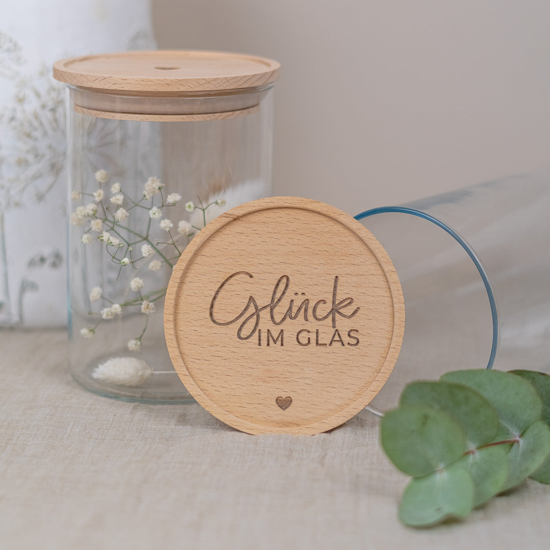 Keksdose personalisiert aus Glas mit Holzdeckel "Glück im Glas"