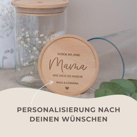 Keksdose personalisiert aus Glas mit Holzdeckel "Glück ist"