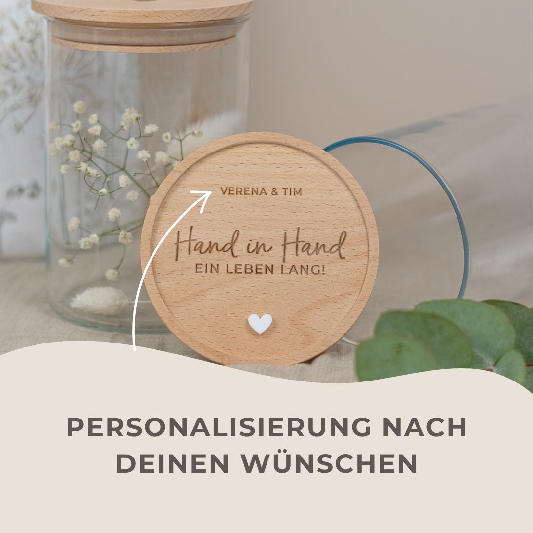 Keksdose personalisiert aus Glas mit Holzdeckel "Hand in Hand"