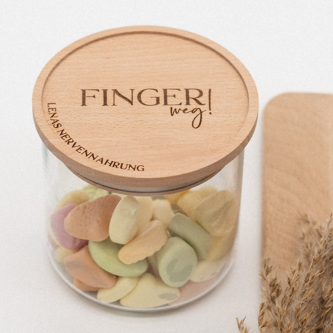 Keksdose personalisiert aus Glas mit Holzdeckel "Finger weg"