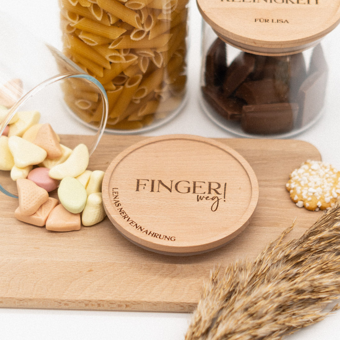 Keksdose personalisiert aus Glas mit Holzdeckel "Finger weg"