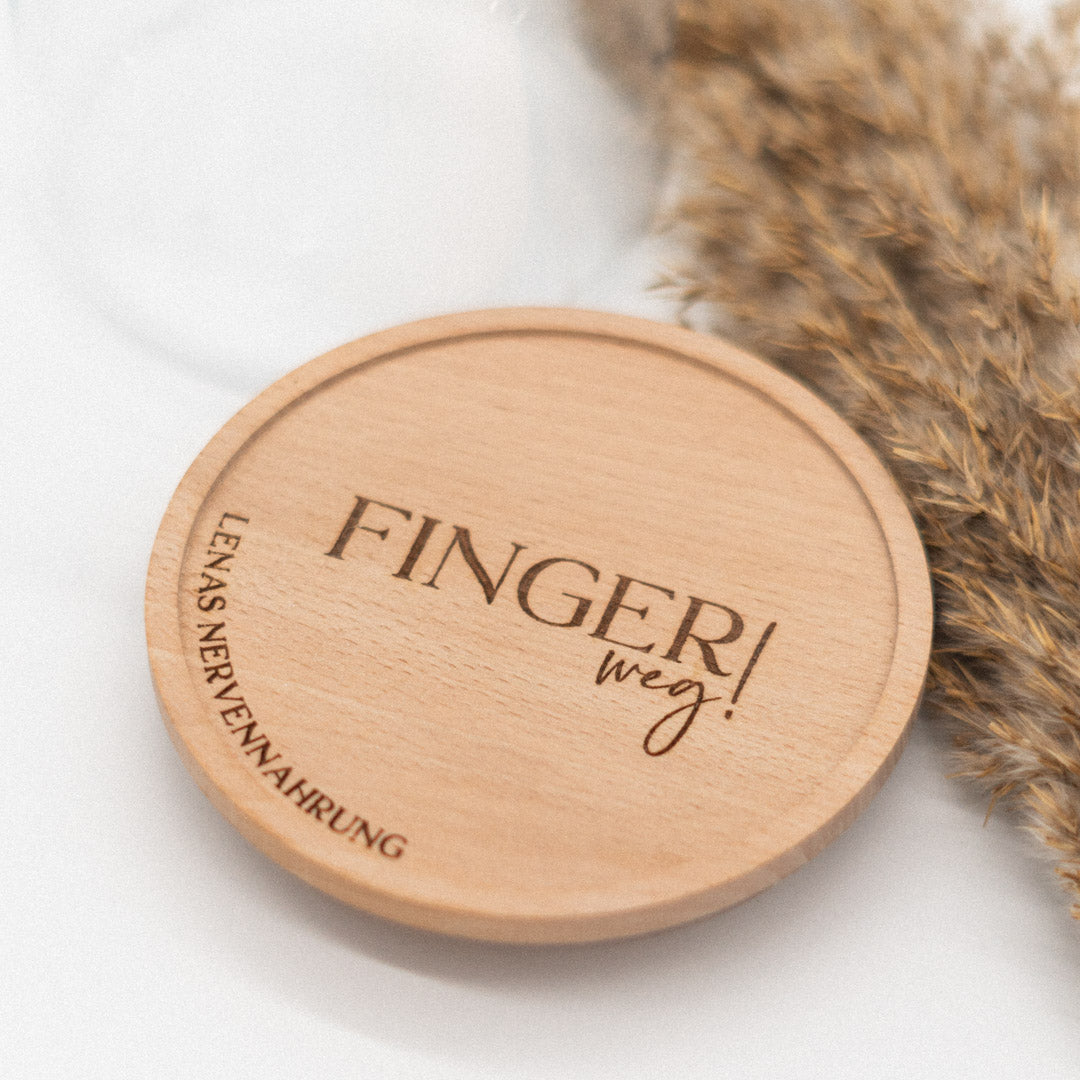 Keksdose personalisiert aus Glas mit Holzdeckel "Finger weg"