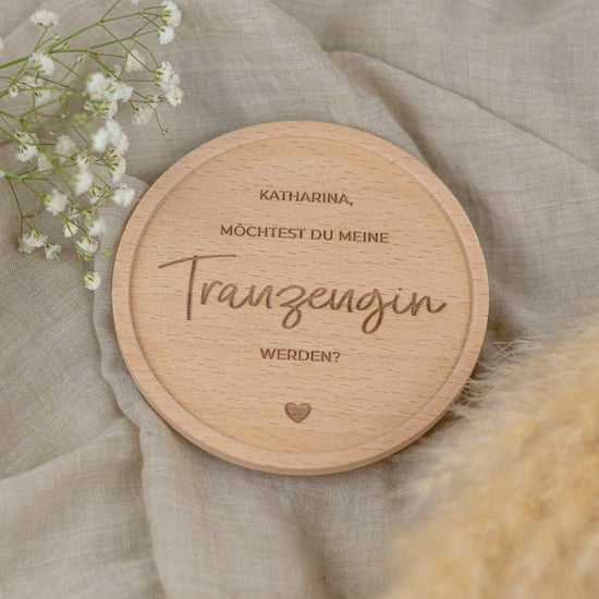 Keksdose personalisiert aus Glas mit Holzdeckel "Trauzeugen fragen"