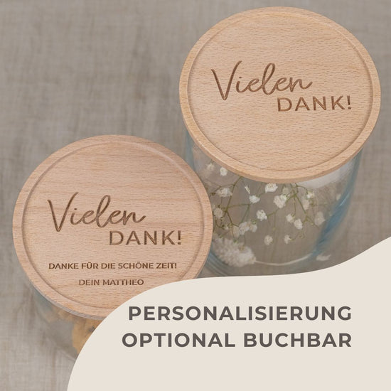 Keksdose personalisiert aus Glas mit Holzdeckel "Vielen Dank"