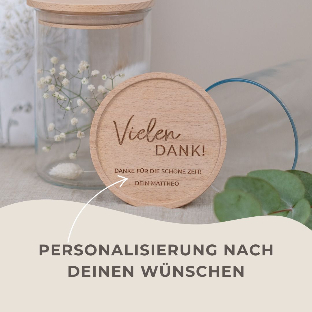 Keksdose personalisiert aus Glas mit Holzdeckel "Vielen Dank"