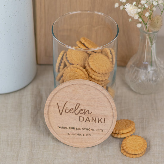 Keksdose personalisiert aus Glas mit Holzdeckel "Vielen Dank"