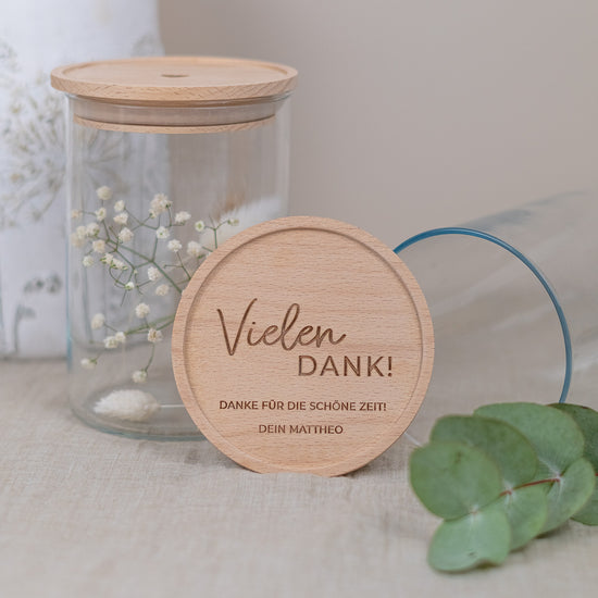 Keksdose personalisiert aus Glas mit Holzdeckel "Vielen Dank"