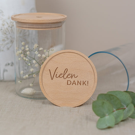 Keksdose personalisiert aus Glas mit Holzdeckel "Vielen Dank"