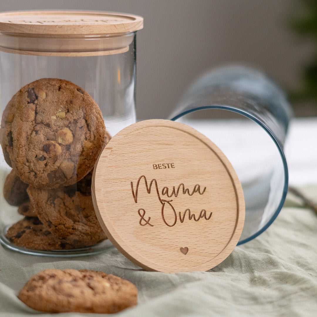 Keksdose personalisiert aus Glas mit Holzdeckel "Beste Mama & Oma"