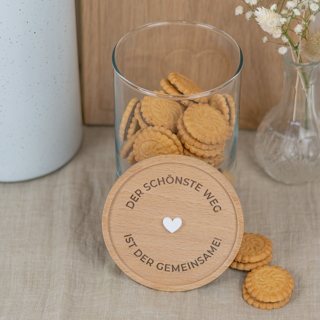 Keksdose zur Hochzeit aus Glas mit Holzdeckel "Der schönste Weg"