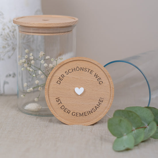 Keksdose zur Hochzeit aus Glas mit Holzdeckel "Der schönste Weg"