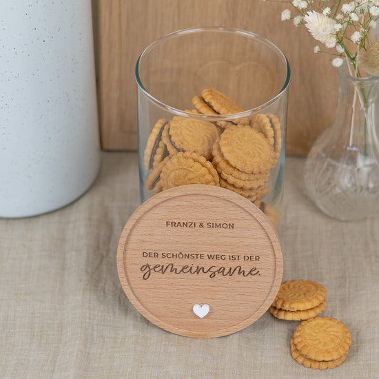 Keksdose personalisiert aus Glas mit Holzdeckel "Hand in Hand"