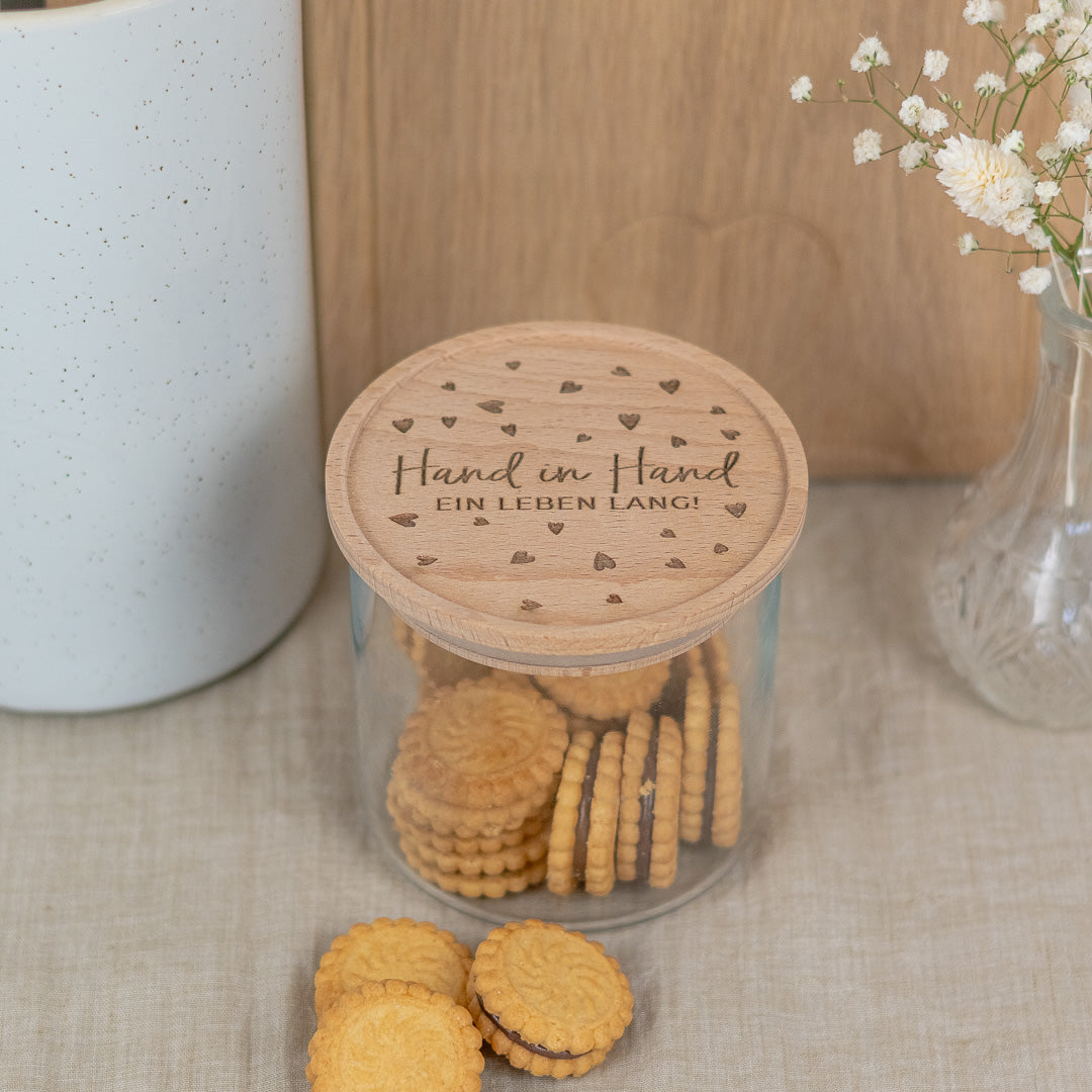 Keksdose zur Hochzeit aus Glas mit Holzdeckel "Der schönste Weg"