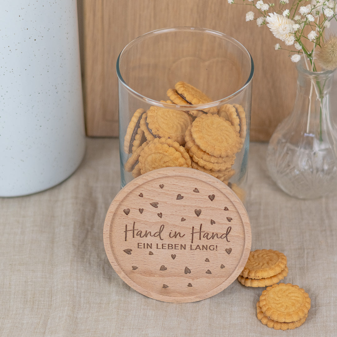 Keksdose zur Hochzeit aus Glas mit Holzdeckel "Der schönste Weg"