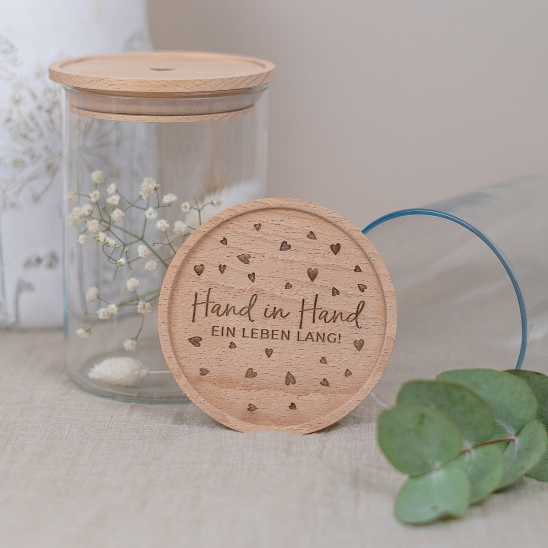 Keksdose zur Hochzeit aus Glas mit Holzdeckel "Der schönste Weg"